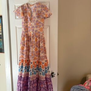 New Oliphant Cape Sleeve V neck Floral Tiered Maxi Dress in Lilac Paraíso Sz XS